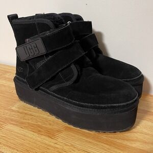 UGG Neumel Double Strap Logo Black Platform Suede Boots 1130554 Womens Size 8